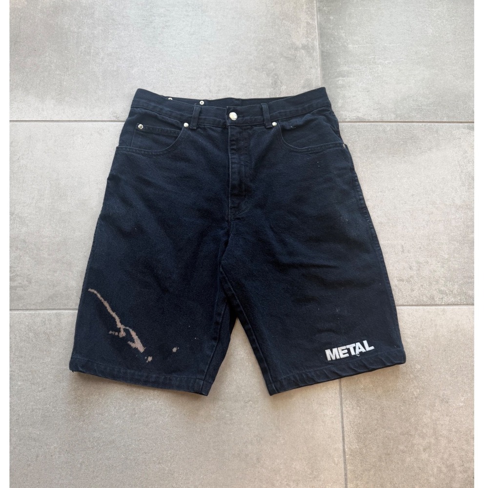Vintage Y2K Metal Denim Shorts Mens 31 Black Bleach emroidered Baggy Jorts